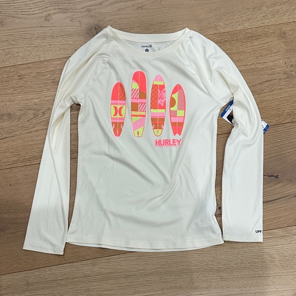 Hurley White Long Sleeve with Pink and Yellow Surfboards 10/12 NWT - Picture 1 of 4